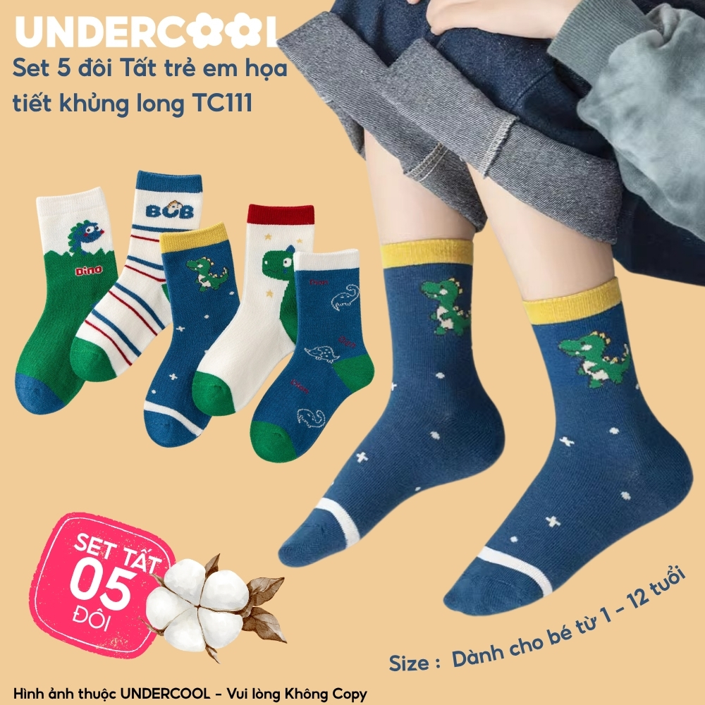 Set 5 Đôi Tất Trẻ Em - Bé Trai UNDERCOOL Cổ Lửng Cotton Họa Tiết Khủng Long Cho Bé Trai Gái 1-12 Tuổi TC111