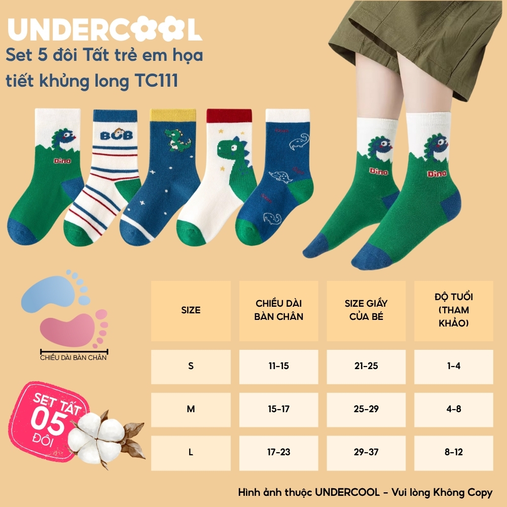Set 5 Đôi Tất Trẻ Em - Bé Trai UNDERCOOL Cổ Lửng Cotton Họa Tiết Khủng Long Cho Bé Trai Gái 1-12 Tuổi TC111