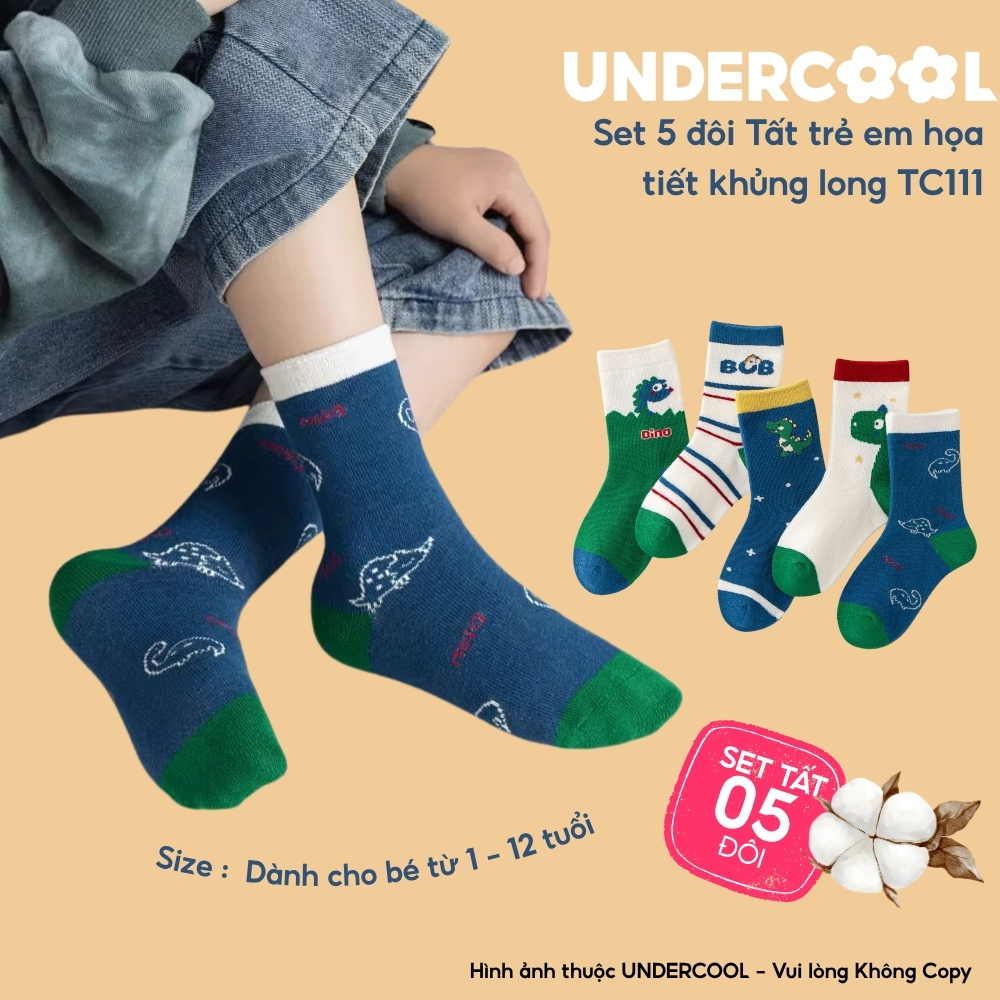 Set 5 Đôi Tất Trẻ Em - Bé Trai UNDERCOOL Cổ Lửng Cotton Họa Tiết Khủng Long Cho Bé Trai Gái 1-12 Tuổi TC111