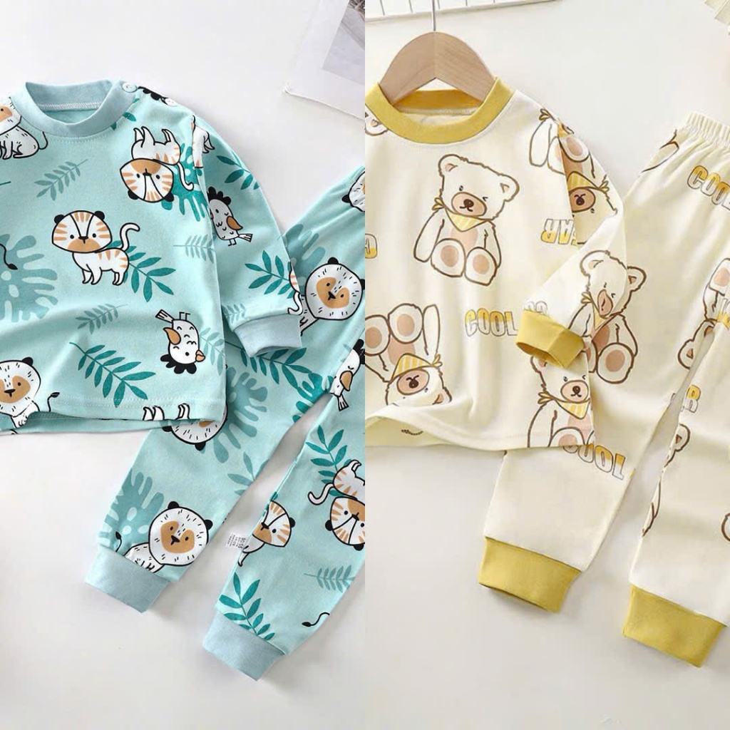 Sét Dài Tay Thu Đông ( Họa Tiết Gấu Đánh Yêu ) Dành ChO Bé Trai vs Gái 9-32kg Chất Liệu Cotton Mềm Mịn