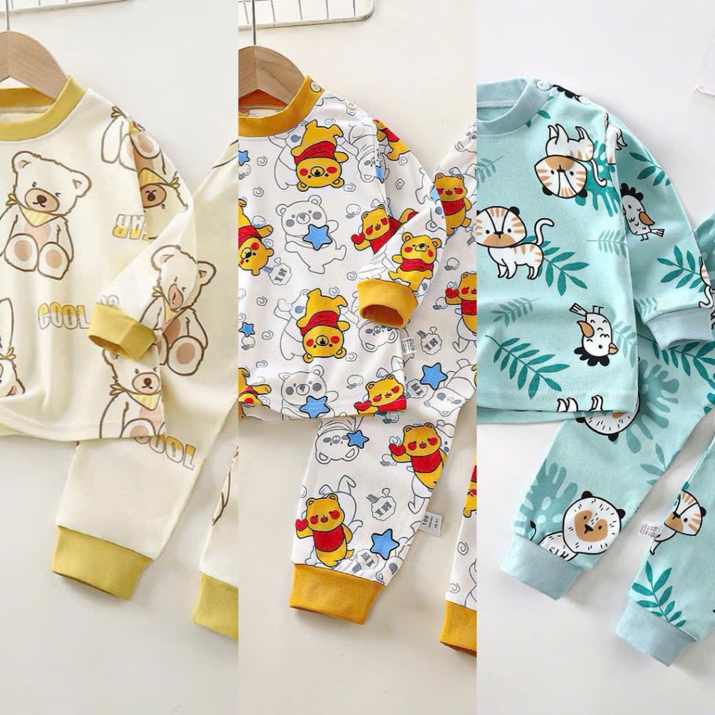 Sét Dài Tay Thu Đông ( Họa Tiết Gấu Đánh Yêu ) Dành ChO Bé Trai vs Gái 9-32kg Chất Liệu Cotton Mềm Mịn