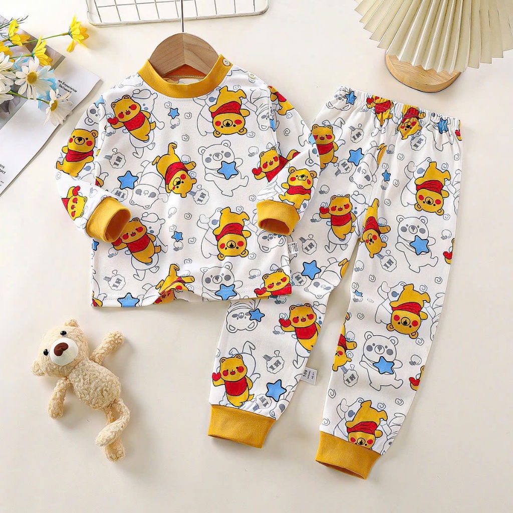 Sét Dài Tay Thu Đông ( Họa Tiết Gấu Đánh Yêu ) Dành ChO Bé Trai vs Gái 9-32kg Chất Liệu Cotton Mềm Mịn