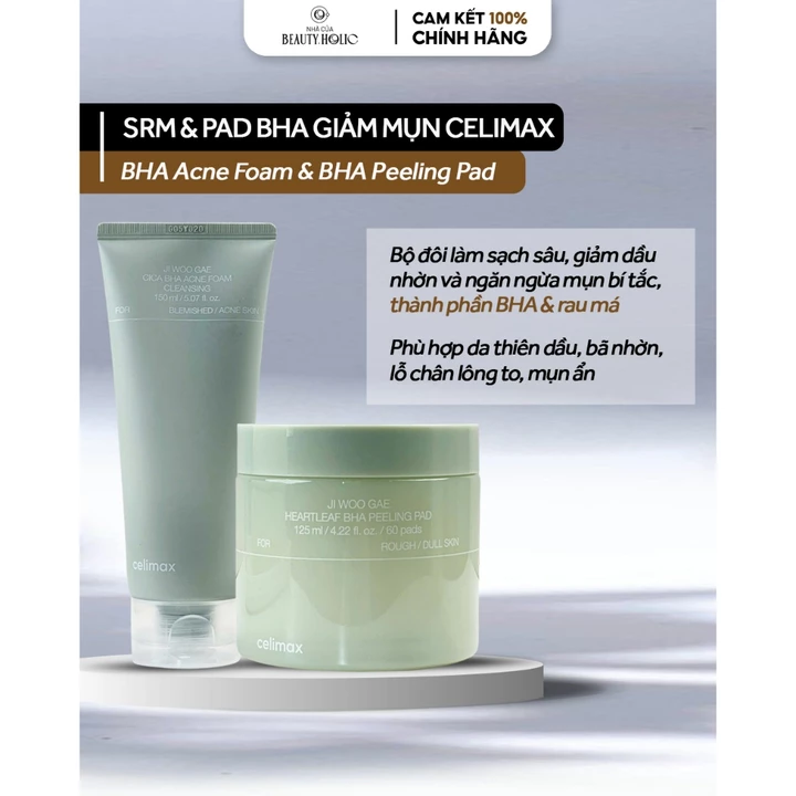 Bộ đôi làm sạch sâu giảm dầu mụn SRM và Toner pad CELIMAX JI WOO GAE BHA ACNE FOAM CLEANSING & HEARTLEAF BHA PEELING PAD