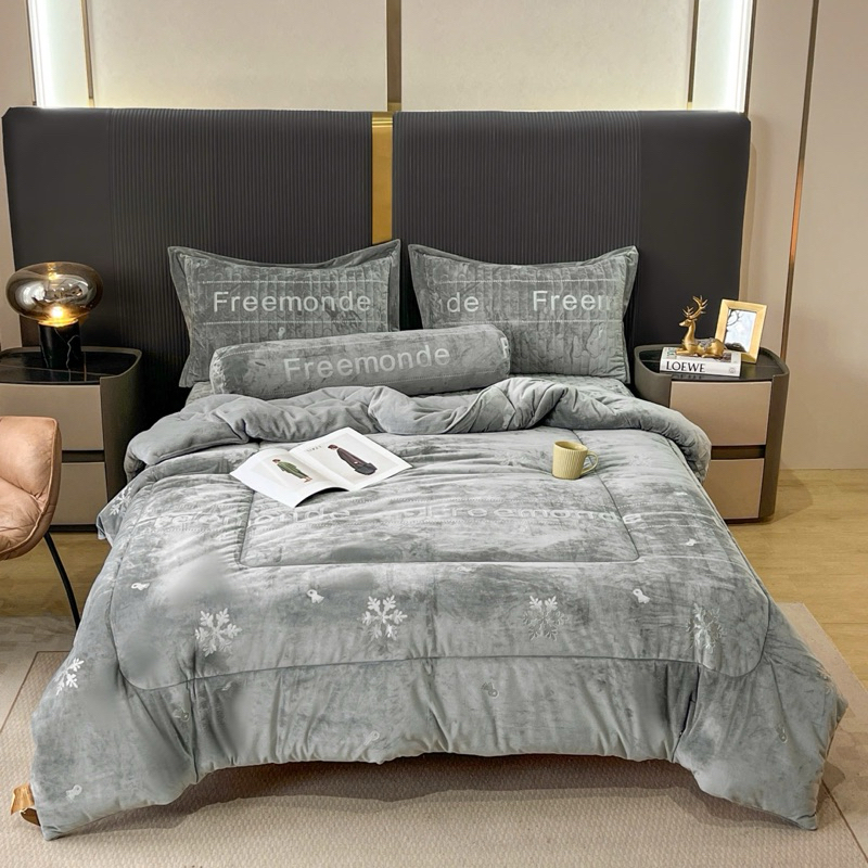 Bộ Chăn Ga Gối 5 Món Nỉ Nhung Lông Thỏ MarkJacob 2mx2m3, bông Nanogen kháng khuẩn mềm mại tặng túi đựng HANNA BEDDING.