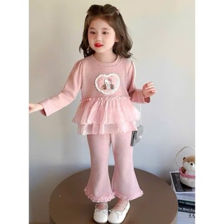 Bộ len lông thỏ cho bé gái thu đông thêu tim, áo dài tay phối vải ren quần ống loe xinh xắn 2 màu size 8-18kg B29