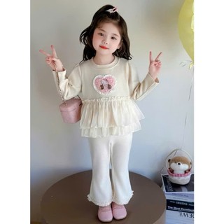 Bộ len lông thỏ cho bé gái thu đông thêu tim, áo dài tay phối vải ren quần ống loe xinh xắn 2 màu size 8-18kg B29