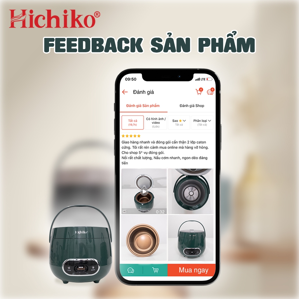 Nồi cơm điện Hichiko 1.2L phù hợp gia đình 4-6 người, quai xách chắc chắn Hichiko HC1206S