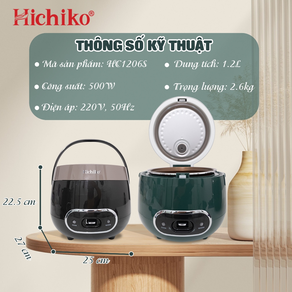 Nồi cơm điện Hichiko 1.2L phù hợp gia đình 4-6 người, quai xách chắc chắn Hichiko HC1206S