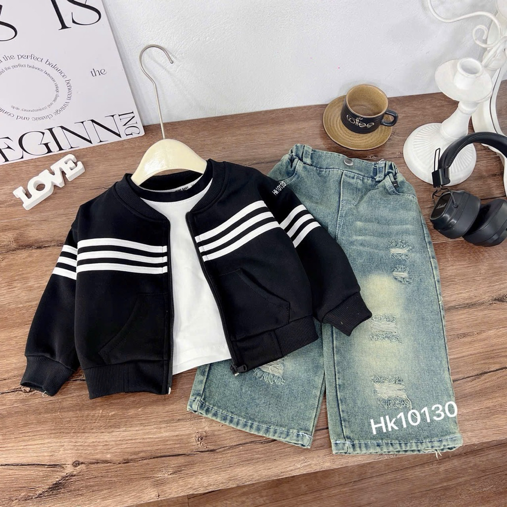 bộ quần áo 3 chi tiết nỉ 2 da, áo cotton cộc tay, quần jeans suông 10-30kg