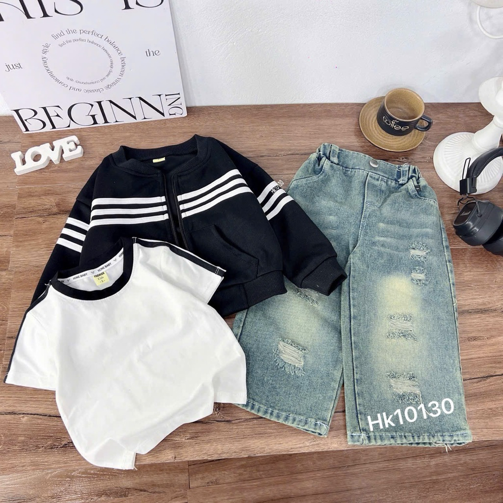 bộ quần áo 3 chi tiết nỉ 2 da, áo cotton cộc tay, quần jeans suông 10-30kg