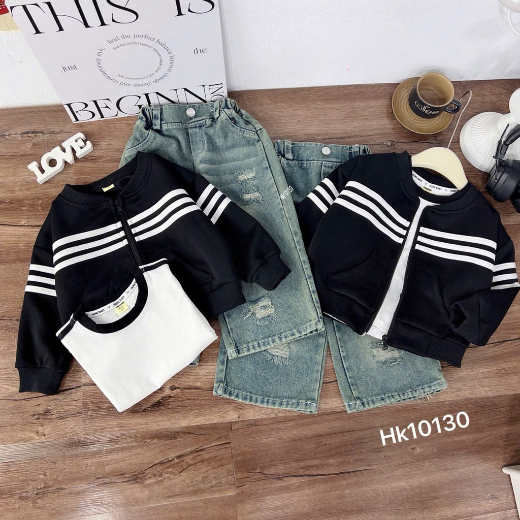 bộ quần áo 3 chi tiết nỉ 2 da, áo cotton cộc tay, quần jeans suông 10-30kg
