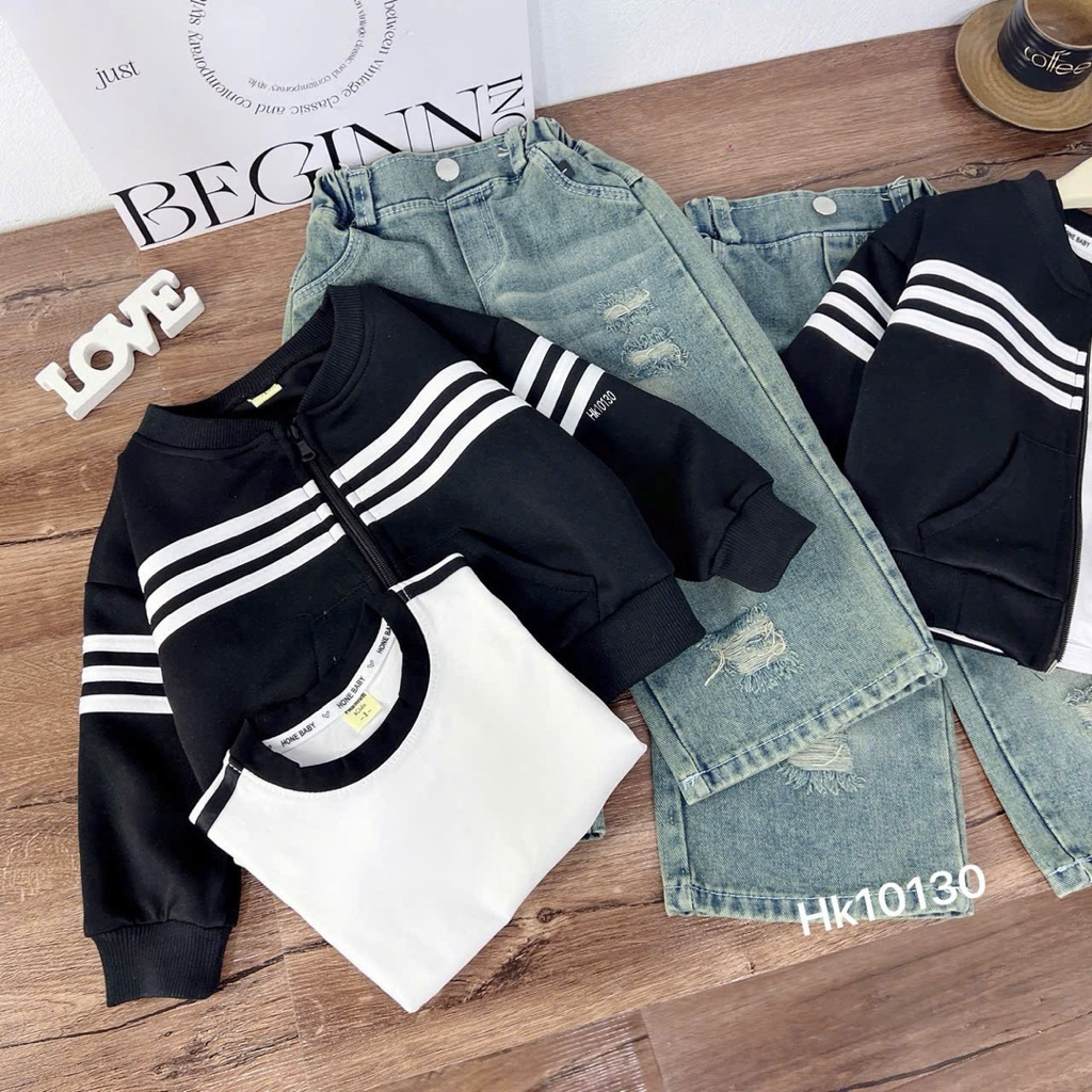 bộ quần áo 3 chi tiết nỉ 2 da, áo cotton cộc tay, quần jeans suông 10-30kg