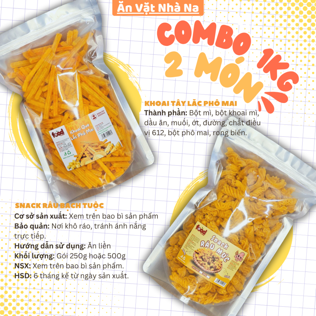 COMBO 2 VỊ SNACK GIÒN RỤM [ 2 BỊCH MỖI BỊCH 250g, SNACK ĂN VẶT NHÀ NA ]