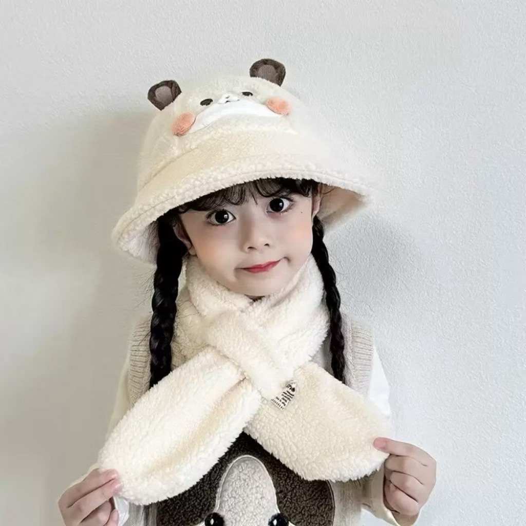 mũ lông kèm khăn quàng cổ cho bé tai gấu - Set mũ len dễ thương hình thú