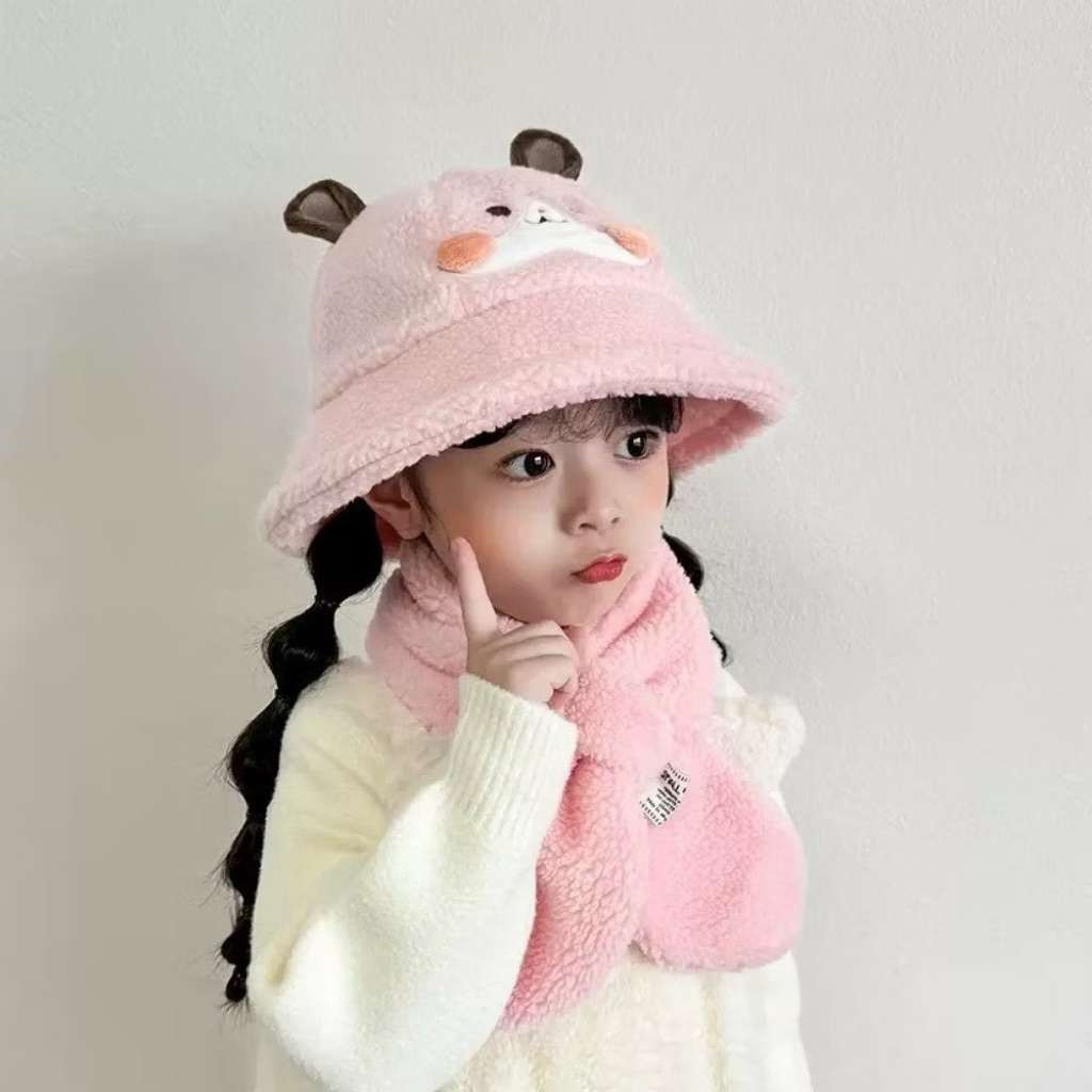 mũ lông kèm khăn quàng cổ cho bé tai gấu - Set mũ len dễ thương hình thú