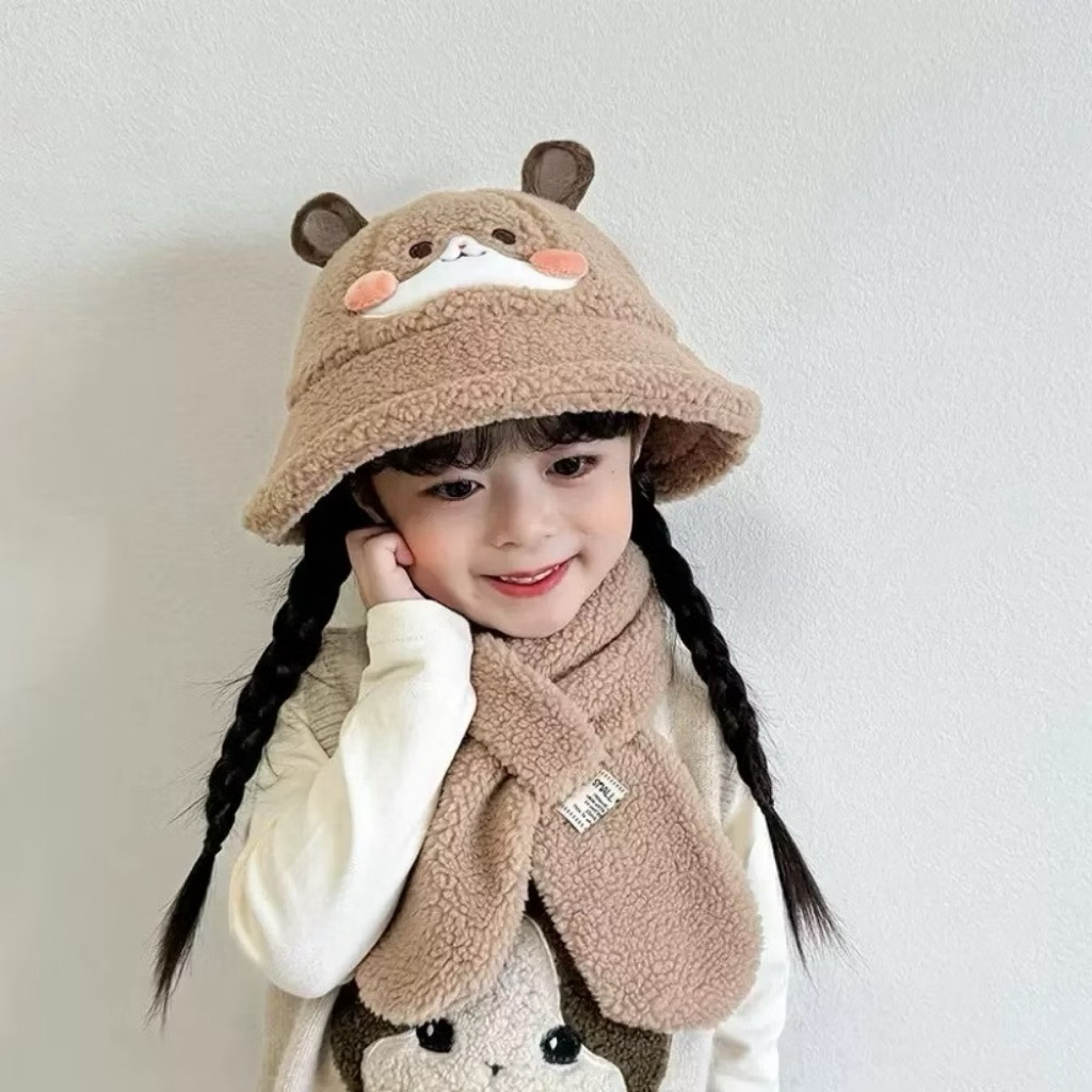 mũ lông kèm khăn quàng cổ cho bé tai gấu - Set mũ len dễ thương hình thú