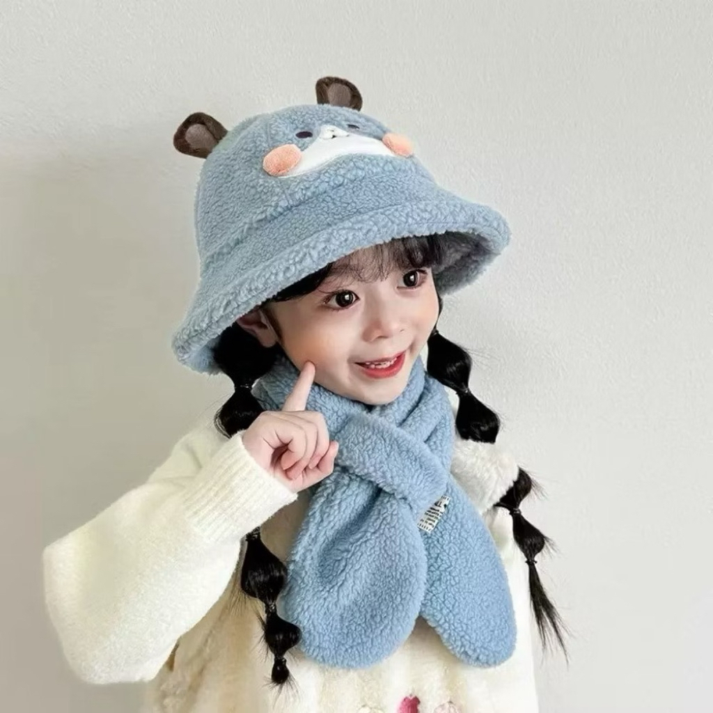 mũ lông kèm khăn quàng cổ cho bé tai gấu - Set mũ len dễ thương hình thú