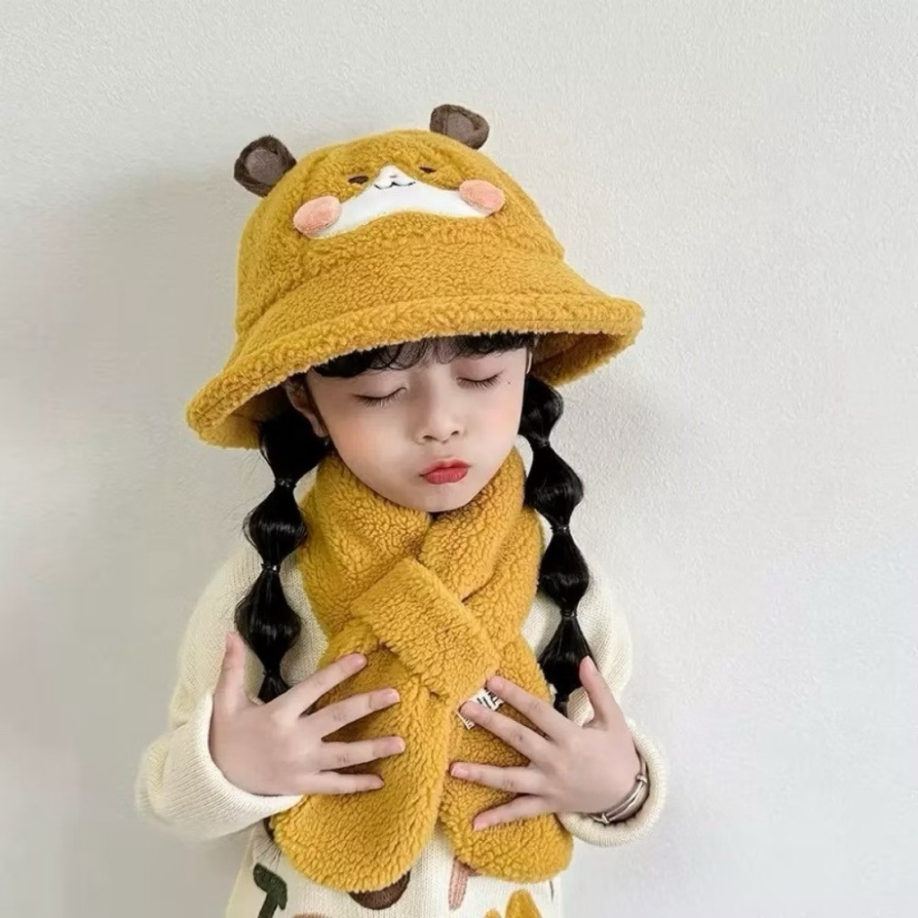 mũ lông kèm khăn quàng cổ cho bé tai gấu - Set mũ len dễ thương hình thú