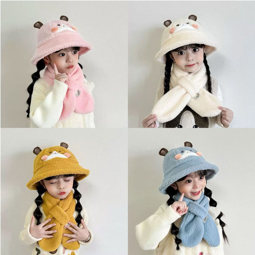mũ lông kèm khăn quàng cổ cho bé tai gấu - Set mũ len dễ thương hình thú