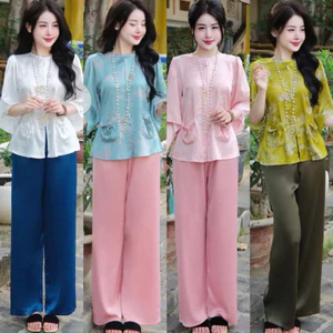 Hàng loại 1 Đồ bộ đi chùa cổ tròn túi tiền lụa gấm - Pháp phục đi lễ cách tân ( hình thật ) | Đồ Lam An Nhiên