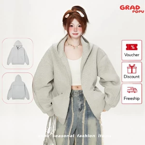 Áo hoodie zip nữ GRADPOPU màu xám tôn da form rộng chất nỉ dày dặn khoác ngoài mùa thu đông PH355