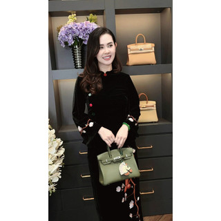 Sét áo nhung the dài tay cúc bọc tay loe + chân váy nhung thêu hoa dáng xuông (bán rời)