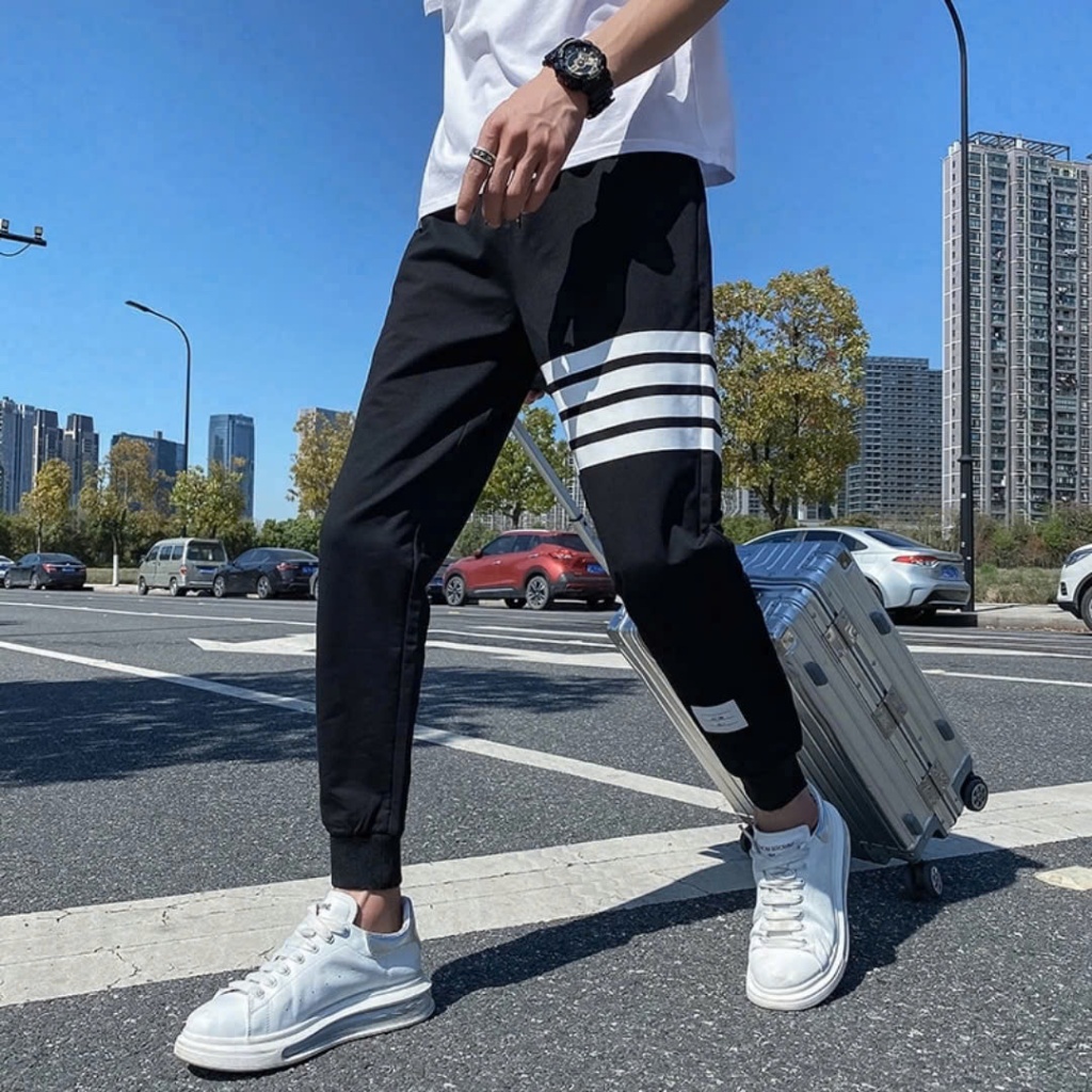 Quần thể thao phối viền boom thụng bo chun, quần dài thun kiểu dáng jogger sọc màu phong cách - k1