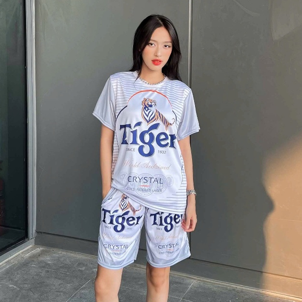 Đồ bộ bia tiger bạc phối tay xám mặc nhóm gia đình 5 size 10-100kg Kl1