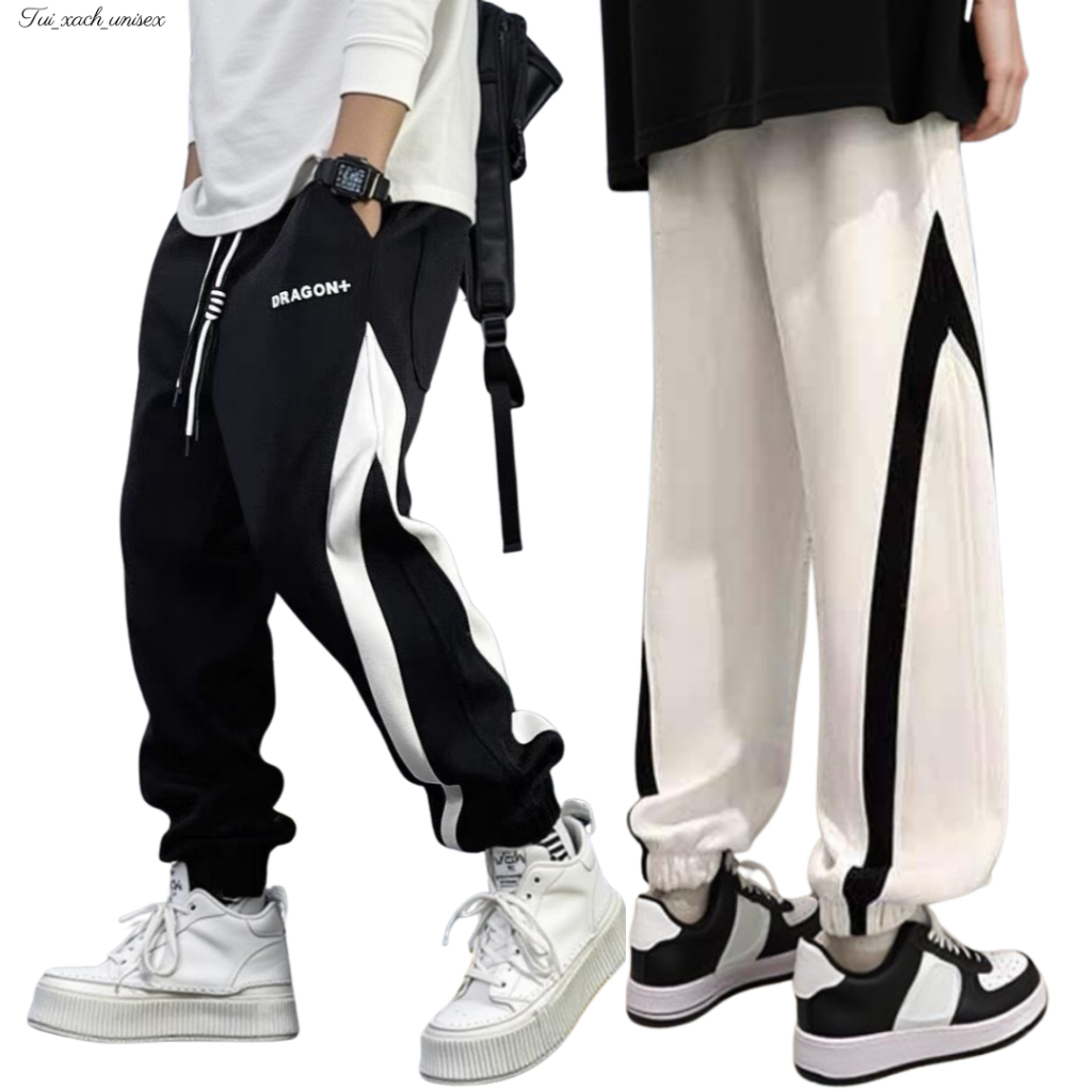 Quần dài thun nỉ phong cách thể thao hình thật size 40 -75kg ( DRAGON phối sọc ) - unisex K1