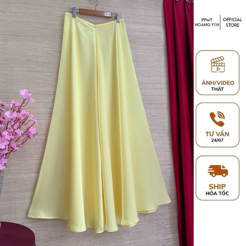 Quần váy lụa satin màu vàng chanh (vàng nhạt) ống rộng 100, dài 105cm, chất mềm mịn bóng rũ