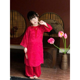 Áo dài tết bé gái cổ Yếm điệu đà 2 màu hồng, đỏ áo dài chụp hình cho bé 10-30kg