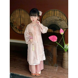 Áo dài tết bé gái cổ Yếm điệu đà 2 màu hồng, đỏ áo dài chụp hình cho bé 10-30kg