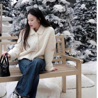Áo khoác lông cừu cổ bẻ dáng ngắn siêu xinh, áo khoác mùa đông phong cách đơn giản LAVIAN K07