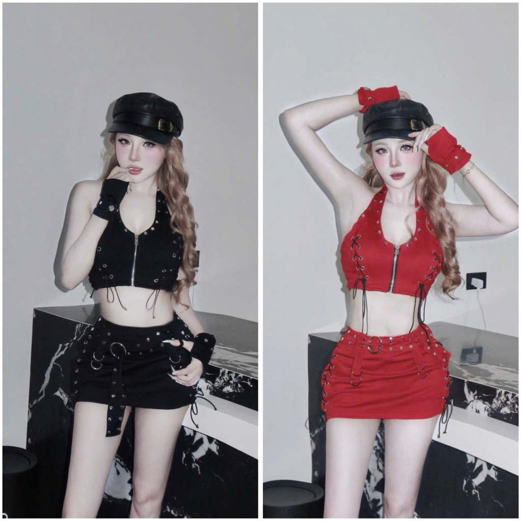 Set áo yếm đan dây kéo khoá kèm ống tay rời mix chân váy ôm siu cá tính