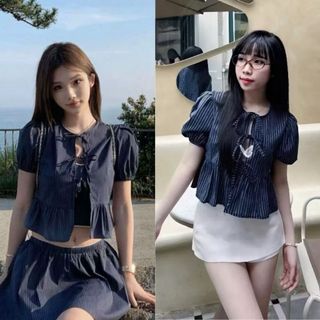 Áo sơ mi croptop đen sọc tay phồng cổ tròn buộc nơ nhẹ nhàng kiểu tiểu thư VANISA BBK55
