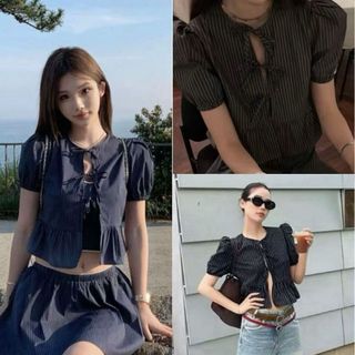 Áo sơ mi croptop đen sọc tay phồng cổ tròn buộc nơ nhẹ nhàng kiểu tiểu thư VANISA BBK55