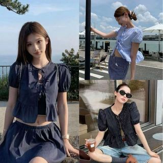 Áo sơ mi croptop đen sọc tay phồng cổ tròn buộc nơ nhẹ nhàng kiểu tiểu thư VANISA BBK55