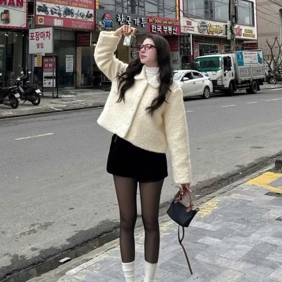 Áo lông cừu cổ bẻ dài tay dáng ngắn, áo khoác thu đông phong cách Hàn quốc LABEL K07