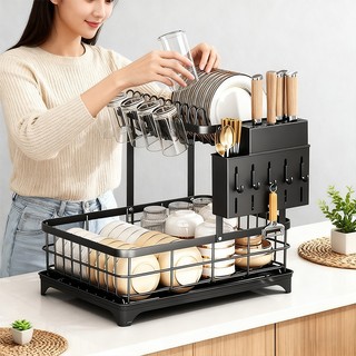 GSlife Kệ Úp Chén Bát 2 Tầng Đa Năng - Treo Cốc, Đựng Đũa & Dao Thớt, Khay Hứng Nước Tháo Rời
