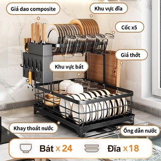 GSlife Kệ Úp Chén Bát 2 Tầng Đa Năng - Treo Cốc, Đựng Đũa & Dao Thớt, Khay Hứng Nước Tháo Rời