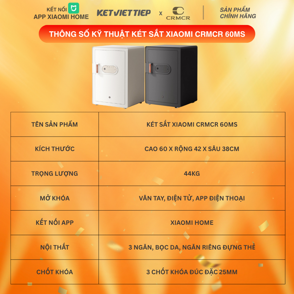 Két sắt Xiaomi CRMCR 60MS Nặng 44KG chống cháy khóa vân tay điện tử kết nối điện thoại thông minh