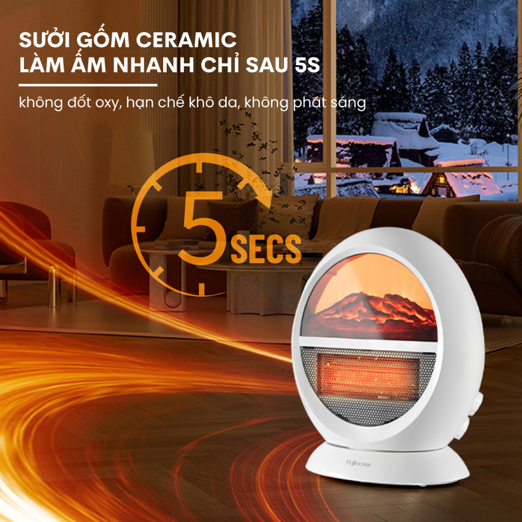 Quạt sưởi mini để bàn hiệu ứng lò sưởi FH09 FUJIHOME, Quạt sưởi không đốt oxy không gây khô da có đảo chiều tự động ngắt