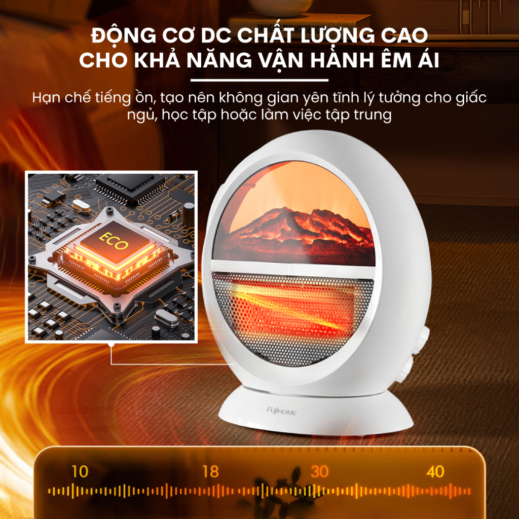 Quạt sưởi mini để bàn hiệu ứng lò sưởi FH09 FUJIHOME, Quạt sưởi không đốt oxy không gây khô da có đảo chiều tự động ngắt