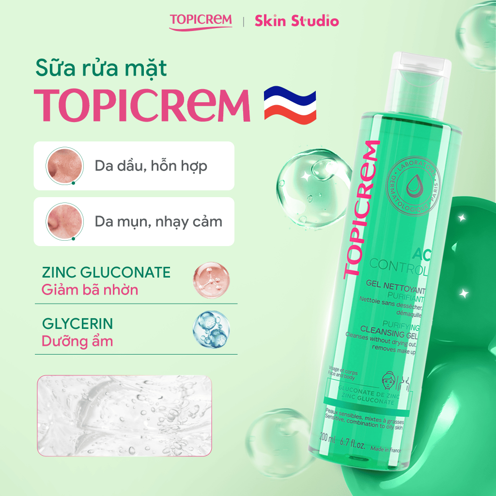 Sữa rửa mặt dạng gel làm sạch da dầu mụn TOPICREM AC PURIFYING CLEANSING 200ml - Skin Studio