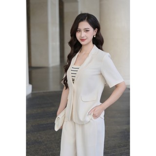 Áo đờ mi cổ 2 ve tay tay ngắn phối Quần ống rộng chun cạp túi dọc VIEN TRAN V64W25Q018