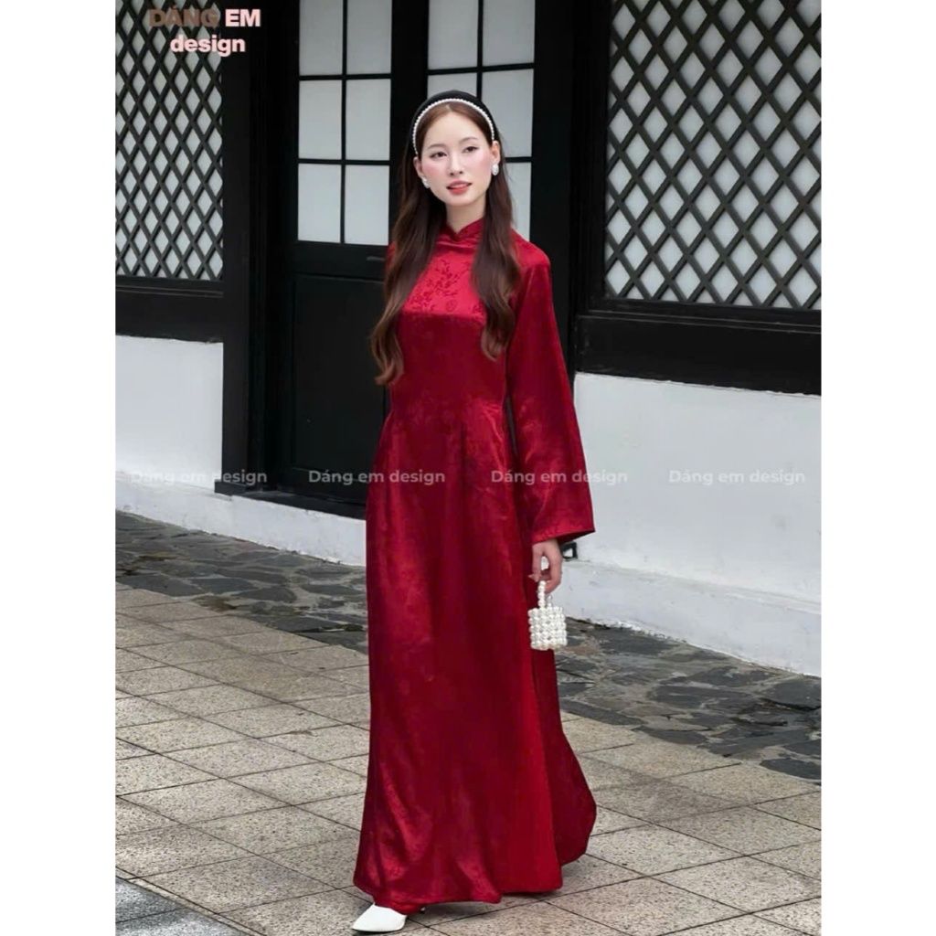Áo dài Trúc Nguyệt, Áo dài tết truyền thống chiết eo, tay loe thanh lịch, sang trọng thích hợp đi lễ, dạm ngõ cô dâu