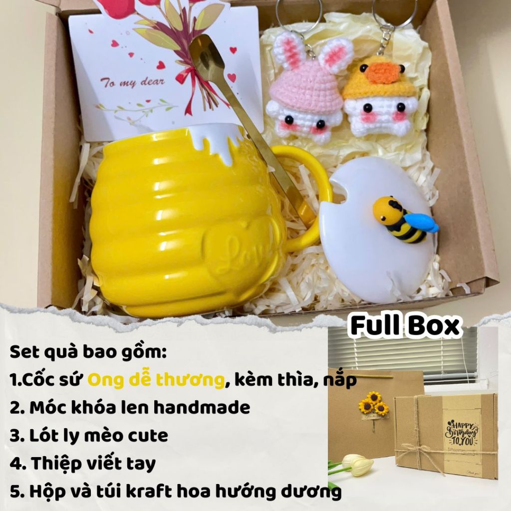 [Hỏa Tốc] Set Quà Cốc Ly Sứ Chú Ong Chăm Chỉ Dễ Thương Kèm Gấu, Thiệp, Lót Ly Quà Tặng Tốt Nghiệp, Sinh nhật