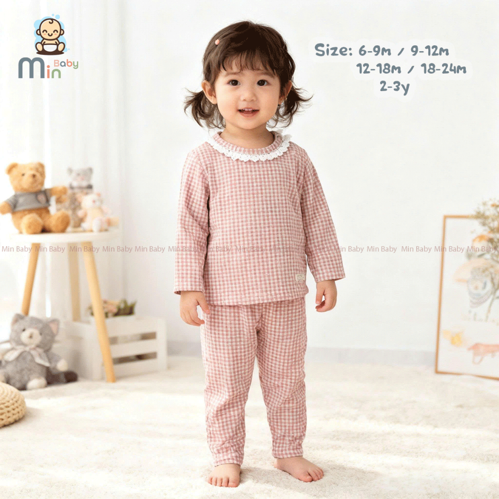 Bộ Thu Đông Dài Tay Kẻ Caro Bé Gái  Chất Vải Nỉ Len Dày Dặn,Ấm Áp - Hàng Chính Hãng AMI0490N
