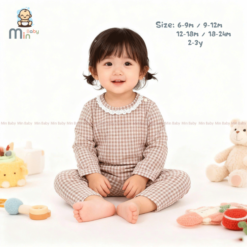 Bộ Thu Đông Dài Tay Kẻ Caro Bé Gái  Chất Vải Nỉ Len Dày Dặn,Ấm Áp - Hàng Chính Hãng AMI0490N