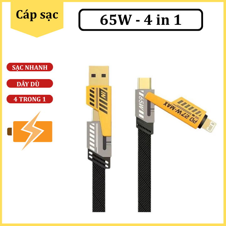 Cáp Sạc 4 TRONG 1 4in1 sạc nhanh 65W/27W tích hợp 4 cổng TypeC, USB - Đa Năng, Bền Bỉ Cho Mọi Thiết Bị, Chống cháy nổ